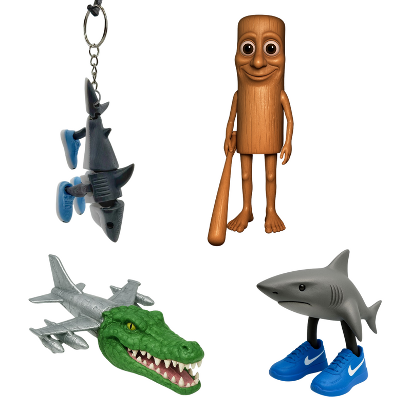 Bonecos Meme TikTok - Tung Sahur - Tubarão Tralalero - Crocodilo Bombardino