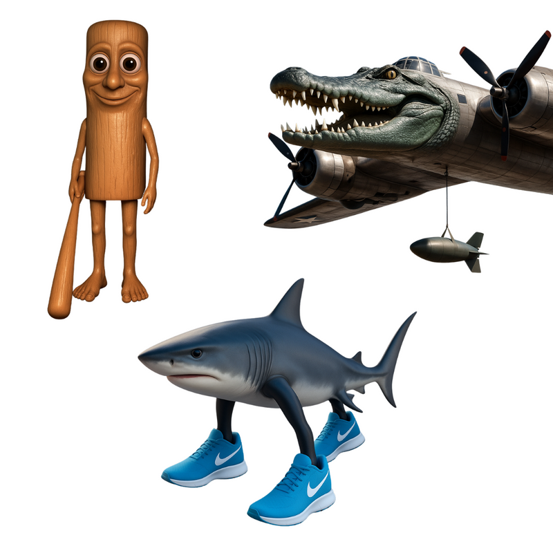 Bonecos Meme TikTok - Tung Sahur - Tubarão Tralalero - Crocodilo Bombardino